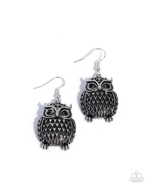 Ostentatious Owl - silver - Paparazzi earrings