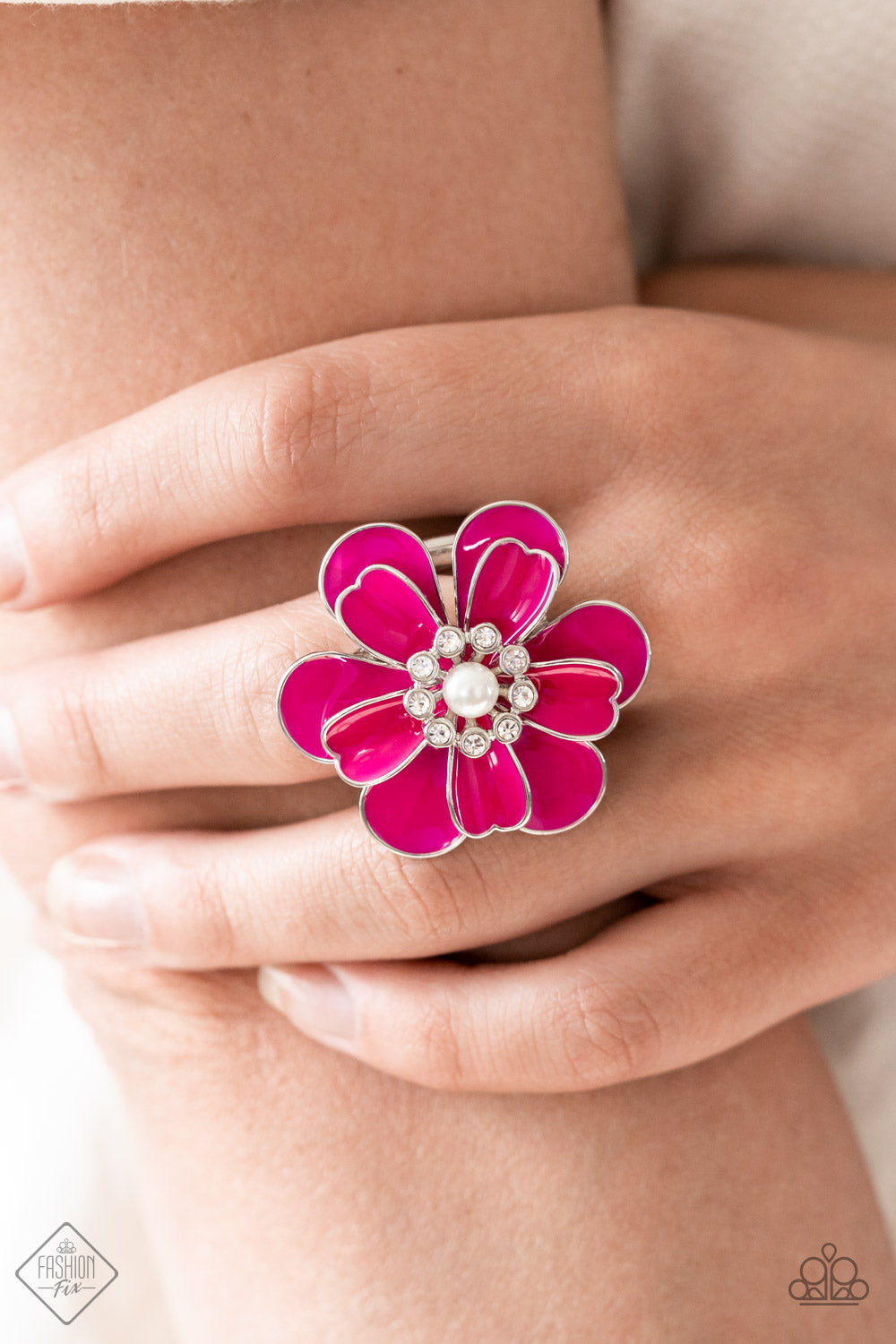 Paparazzi Boho Blossom Pink Bead Silver Color Flower ring