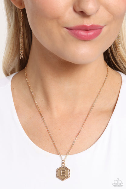 Emblematic Elegance - gold - E - Paparazzi necklace