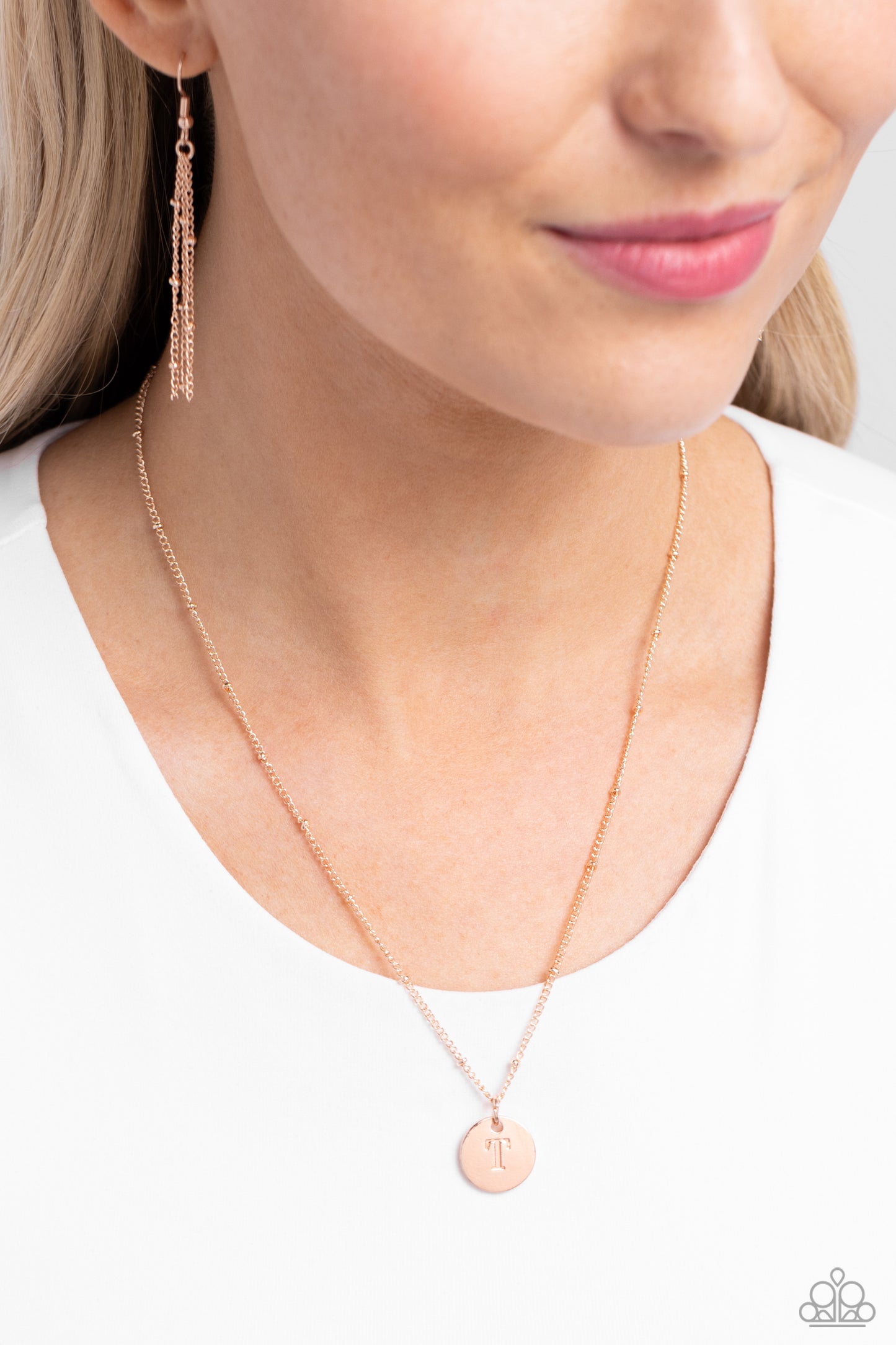 Initial Elegance - rose gold - T - Paparazzi necklace