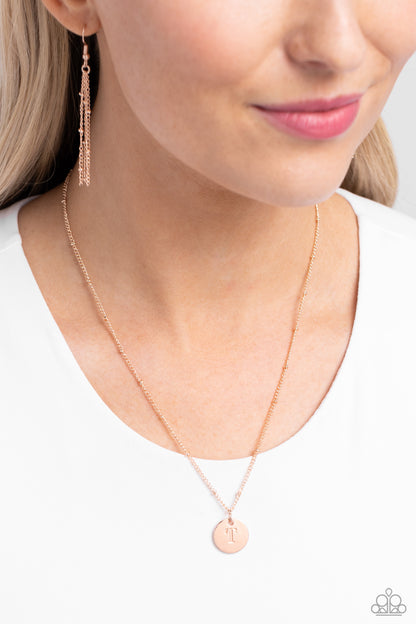 Initial Elegance - rose gold - T - Paparazzi necklace