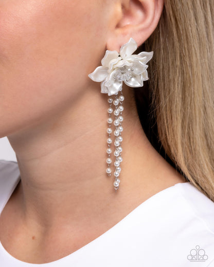 Lotus Length - white - Paparazzi earrings