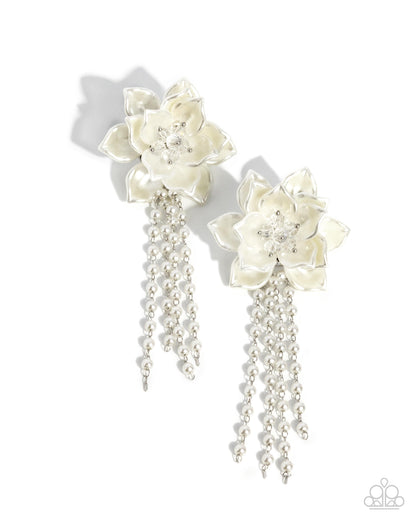 Lotus Length - white - Paparazzi earrings