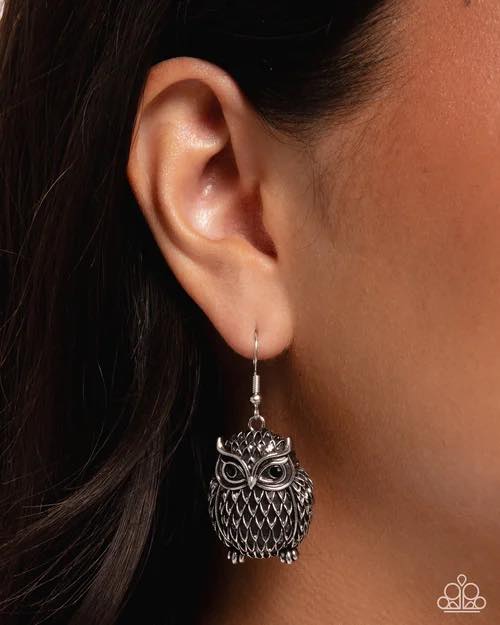 Ostentatious Owl - silver - Paparazzi earrings