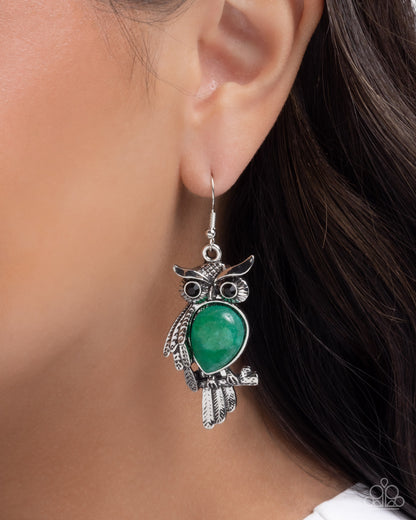 Owl Observation - green - Paparazzi earrings