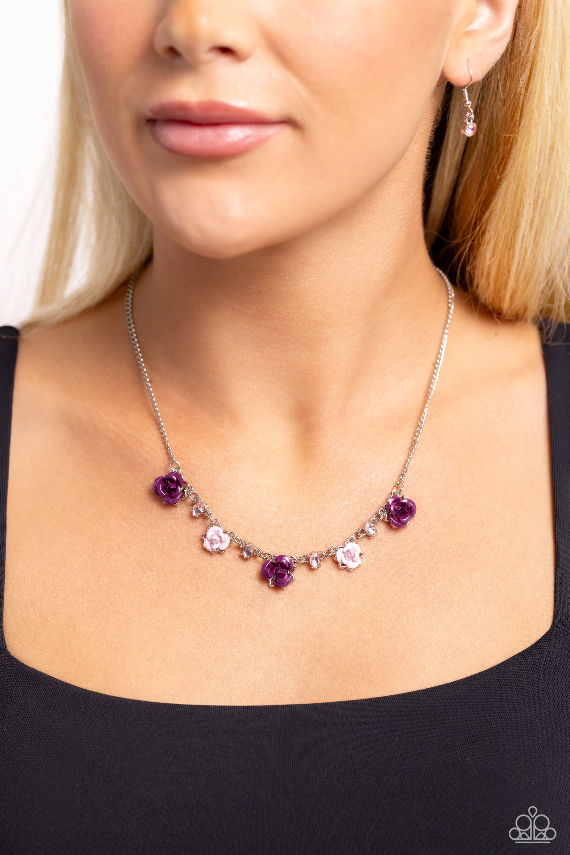Jayden Double Flowers Asymmetrical Necklace in Purple Rose and Purple  Stones. FREE EARRINGS
