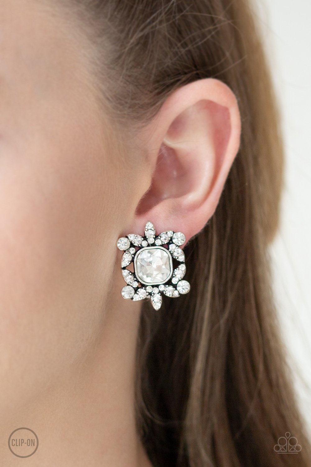First Rate Famous-white-Paparazzi CLIP ON earrings