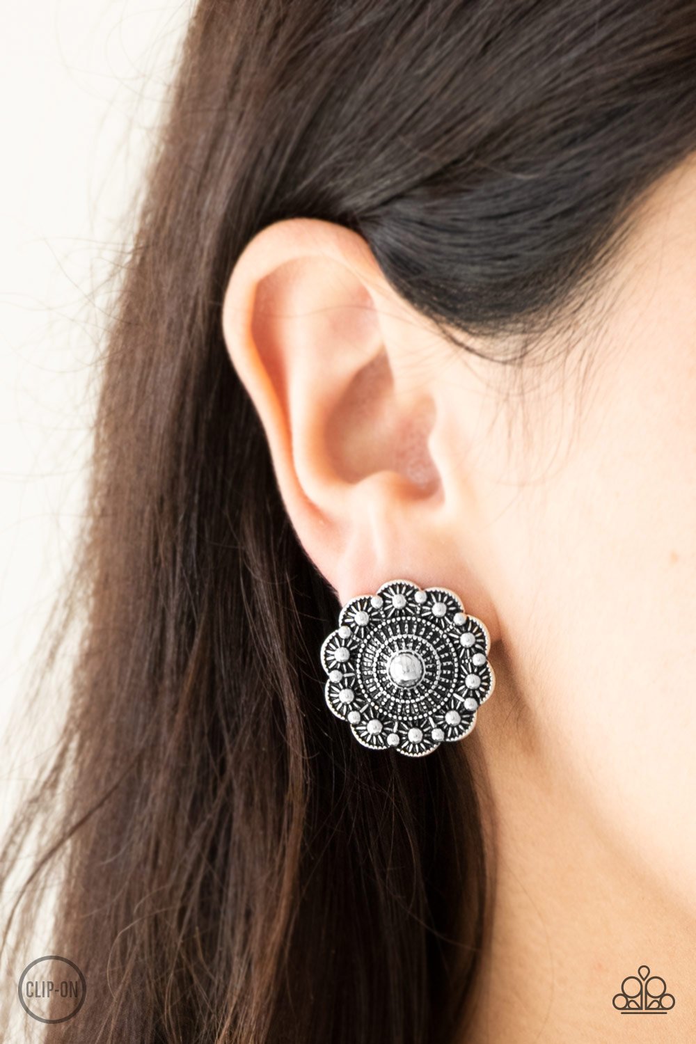 Foxy Flower Gardens - silver clip ons - Paparazzi earrings