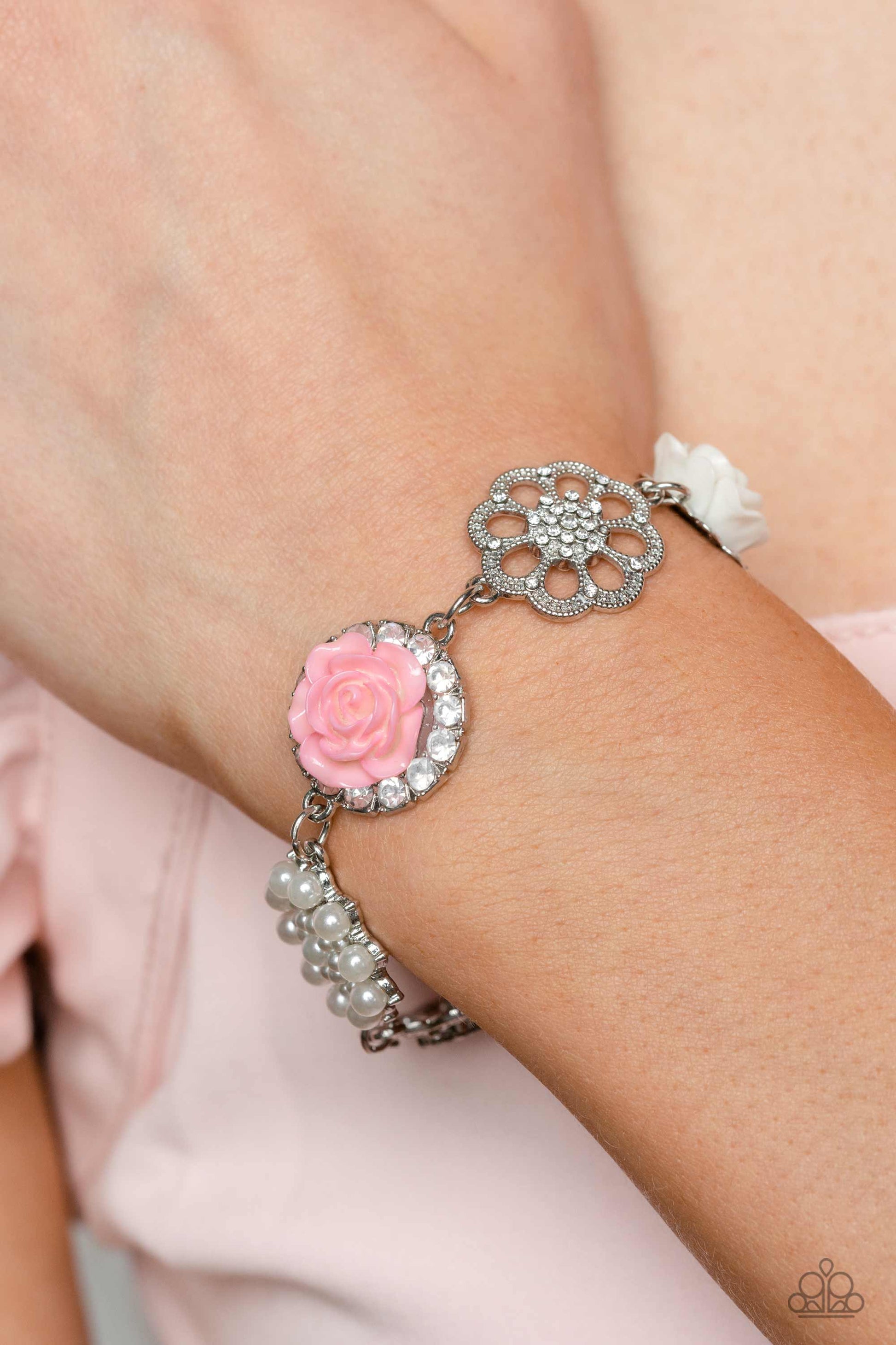 Tea Party Theme - Pink and White Resin Flower Pearl Silver Bracelet - Paparazzi Life of The Party April 2023 Tea Party Theme - Pink and White Resin Flower Pearl Silver Bracelet - Paparazzi Life of The Party April 2023