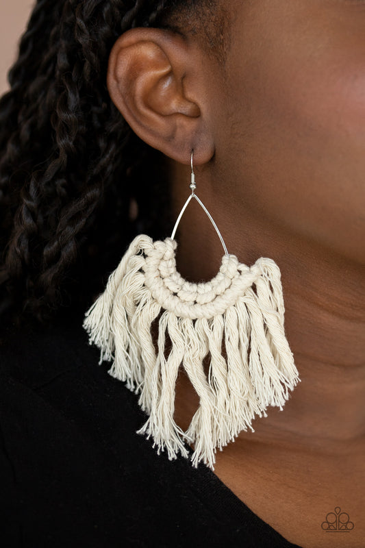 Wanna Piece of Macrame? - white - Paparazzi earrings